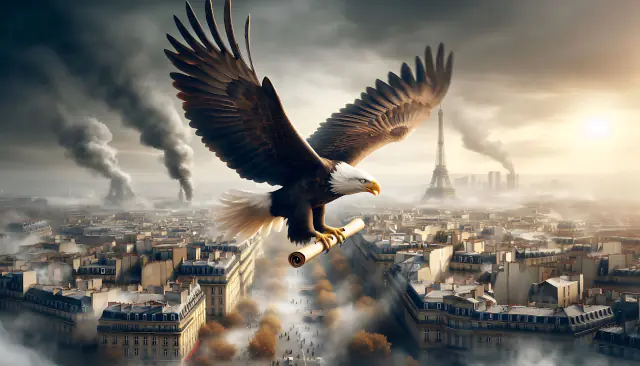 Bald eagle carrying a message over a city