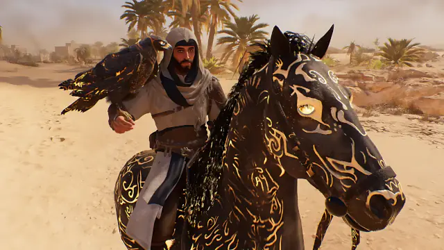 Basim and Enkidu riding the Sand Horse in Assassin’s Creed Mirage